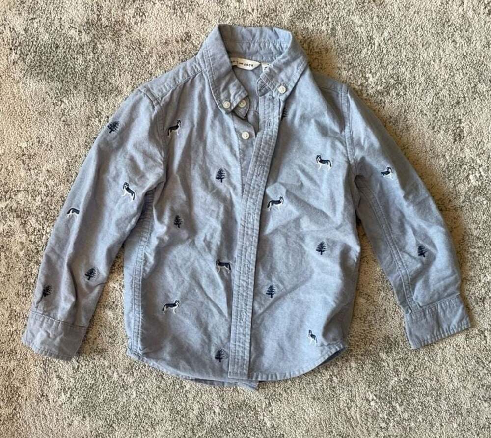 Janie and Jack Boys Husky and Pine Tree Embroidered Button Down Shirt Size 4